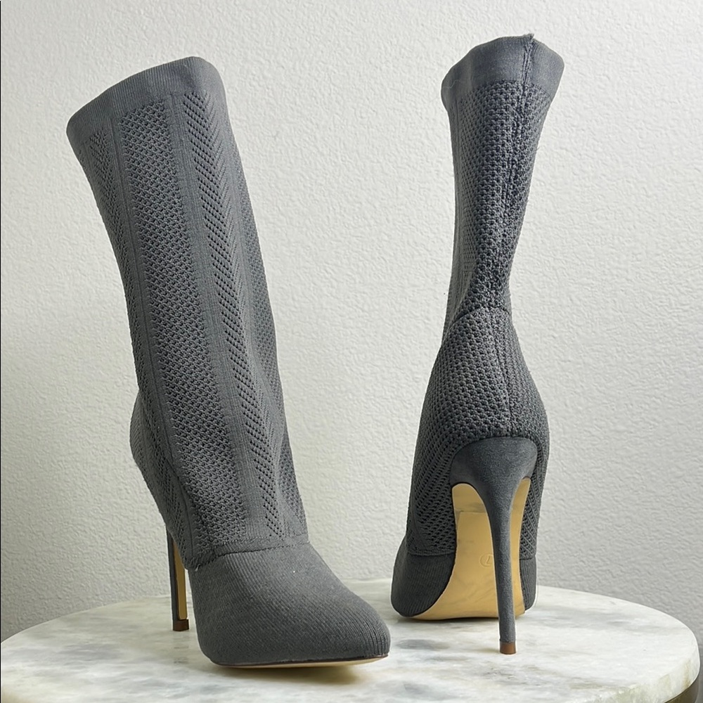 Liliana Gray Heeled Boots with Suede Texture